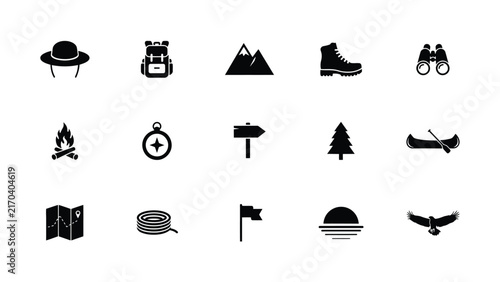 Black and white icons representing outdoor adventure and camping essentials in flat design style with exploration camping activities associated hiking exploration