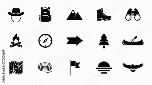 Black and white icons representing outdoor adventure with Collection minimalist icons illustrating gear activities associated hiking wilderness exploration