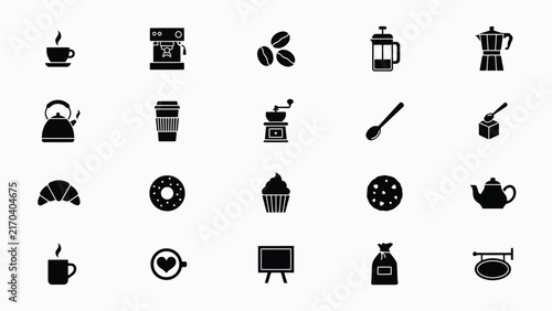 Black and white icons depicting various beverages kitchen tools and baked goods in a clean design style with illustrate collection coffee related items kitchen
