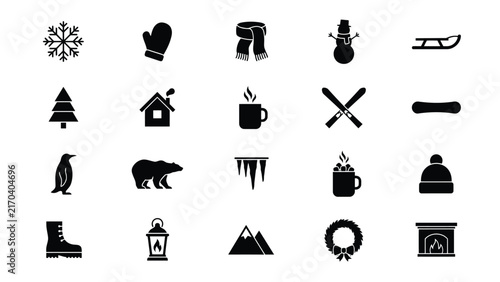Winter themed icons collection featuring cold weather activities and elements in minimalist black with Collection simple black white icons representing winter related objects