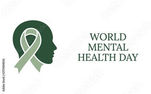 World mental health day awareness ribbon and human profile illustration promoting psychological wellbeing and support for mental health issues