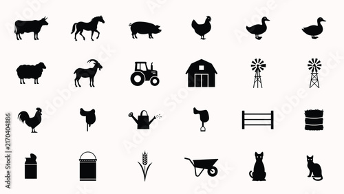 Black and white farm animal and equipment icons arranged in grid pattern on light background with Silhouette style icons farm animals animals tools structures