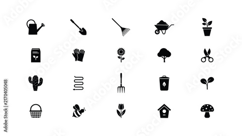 Collection of black and white gardening and nature icons on plain background with related items against clean white backdrop displays gardening tools