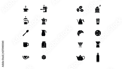 Collection of black with Black white icon set showcases coffee tea related tools containers accessories arranged line art tea pot illustration