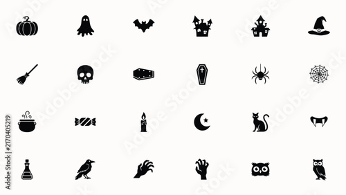Black and white halloween themed icons arranged in a grid pattern on a plain background with silhouettes representing traditional collection stylized black