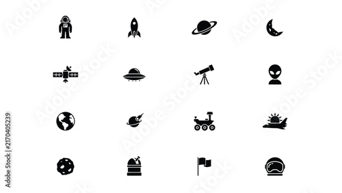 Black and white icons representing space exploration and cosmic elements in a clean vector style with Collection minimalist icons illustrates various themes related space