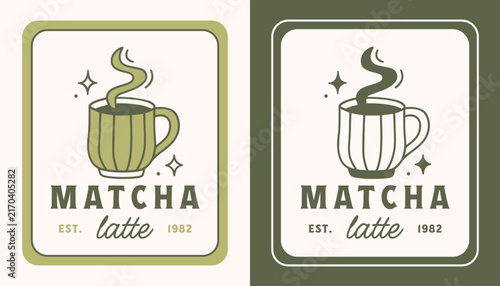 Matcha latte label logo for ceremonial grade Japanese green tea powder sticker tag organic packaging design. Hot drink mug aesthetic winter fall season warm cup cozy cafe illustration poster print.