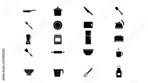 Collection of black kitchen tools and appliances in minimalist vector icons with black silhouette style small appliances variety kitchen cookingutensil