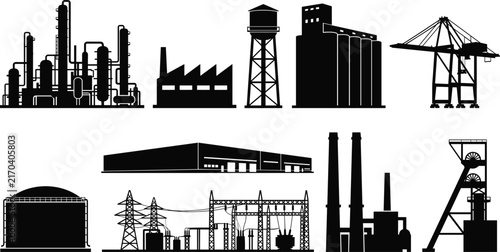 Industrial building silhouette set featuring factory, oil refinery, power plant, warehouse, and manufacturing facility vector illustration