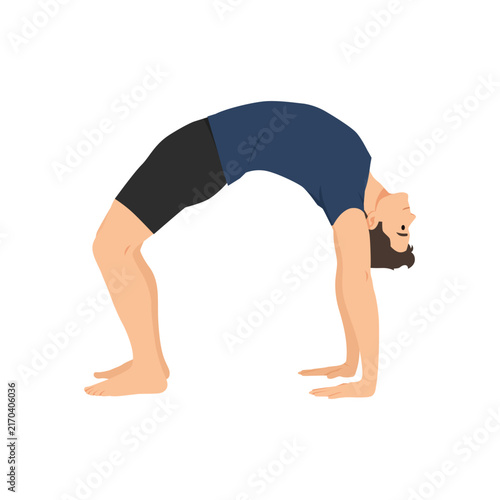 Man Performing Urdhva Dhanurasana, Upward Bow or Wheel Pose. Flat vector illustration isolated on white background