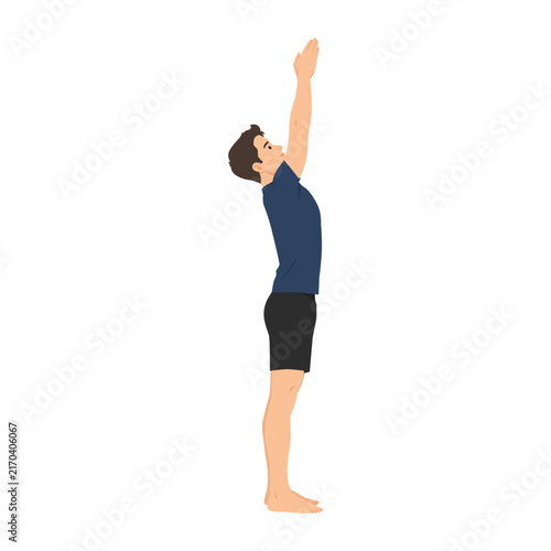 Man Performing Upward Salute Yoga Pose with Arms Raised Urdhva Hastasana. Flat vector illustration isolated on white background