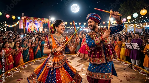 Couple performing garba dance with sticks at navratri festival