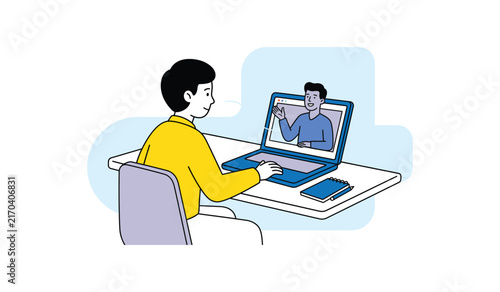 Man having a video call on a laptop flat illustration, virtual meeting conversation vector concept, Online communication with colleague illustration