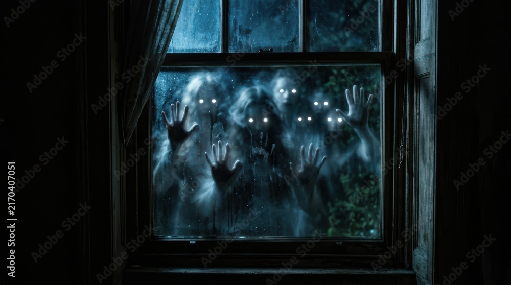 Fototapeta premium Group of scary glowing eyes looking through a dark window at night
