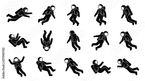 Foto Set of black silhouettes of astronauts in various floating poses