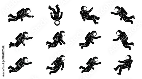 Set of black and white astronaut icons in various poses