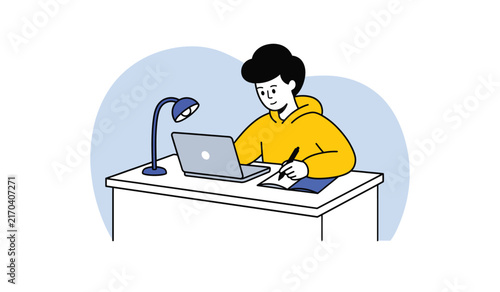 A man studying at desk flat illustration, a student writing notes with laptop vector, and a man doing homework with desk lamp illustration