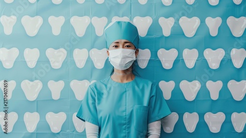 Dentist in Blue Scrubs Standing Against Tooth Pattern Background.
