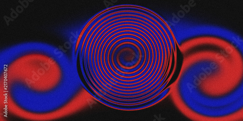 Hypnotic red and blue spiral tunnel background with high contrast circle grain patterns for trippy digital visual effects art.