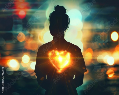 Woman Silhouette Holding Heart Light Meditation.