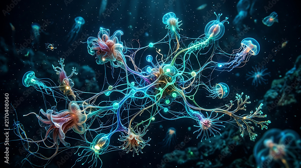 Fototapeta premium Abstract glowing virus cells floating in dark blue liquid