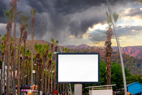 Billboard blank for outdoor advertising poster. Background for design and advertising. The exterior appearance of a billboard in a city center in Türkiye. Copy space, blank, empty. No people, nobody.