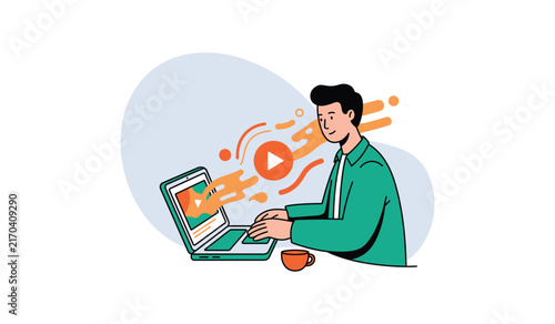 Man immersed in video content flat illustration, dynamic streaming animation vector concept, man working on laptop with motion effect illustration