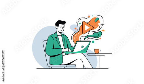 Man watching video on laptop flat illustration, online streaming content vector concept, man enjoying media on laptop illustration