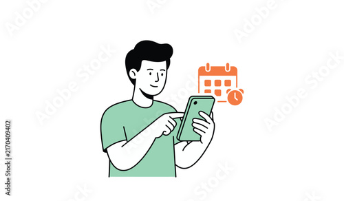 Man checking calendar reminder on phone flat illustration, schedule notification smartphone vector, man setting appointment alarm illustration