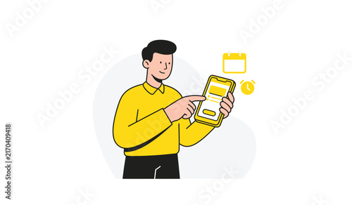 Man using productivity app on phone flat illustration, task reminder mobile interface vector, man tapping notification screen illustration