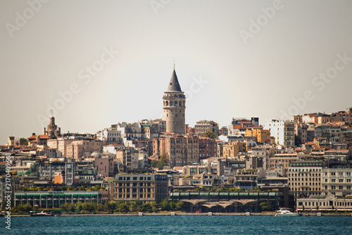 Galata Tower. View of the Galata Tower. Istanbul landscape with sepia or vintage tones. Popular tourist destination. Historical, architectural building. 