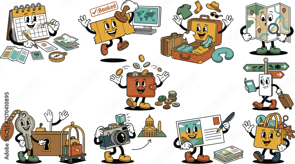 Fototapeta premium Cute travel mascot collection featuring trip planning, booking, luggage, maps, passports, photography, postcards, sightseeing, and vacation adventures