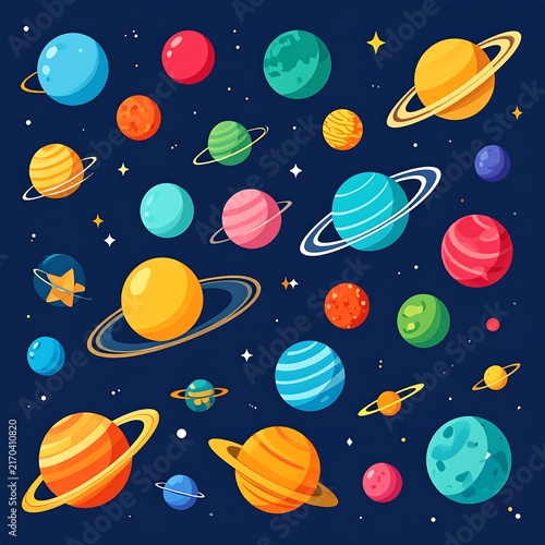 Colorful geometric shapes floating in dark space.