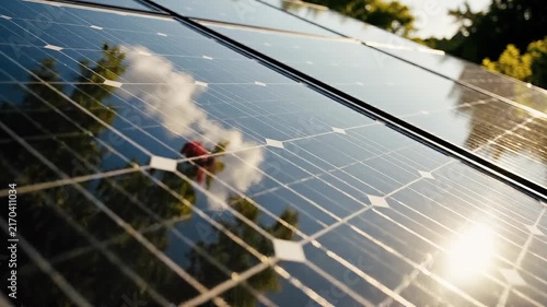 Close up of solar panels reflecting sunlight and greenery for renewable energy and sustainable environment