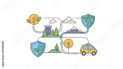 Ecological protection flat line illustration showing green energy, sustainable technology, electric car, nature conservation, and global environment.
