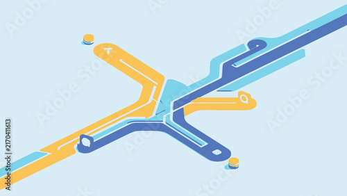 Abstract isometric technology vector illustration of interconnected data pathways and circuit lines representing network digital communication concept.