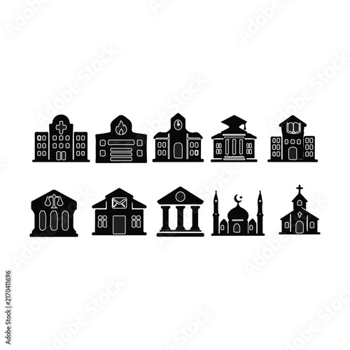 Public Buildings and Government City Infrastructure Glyph Icon Set Vector Graphic
