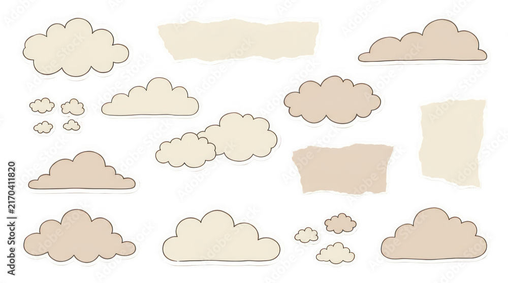 Fototapeta premium Minimalist hand drawn cloud collection, beige aesthetic sky elements, set of 15 soft doodle clouds for scrapbooking and web design isolated on Transparent Background