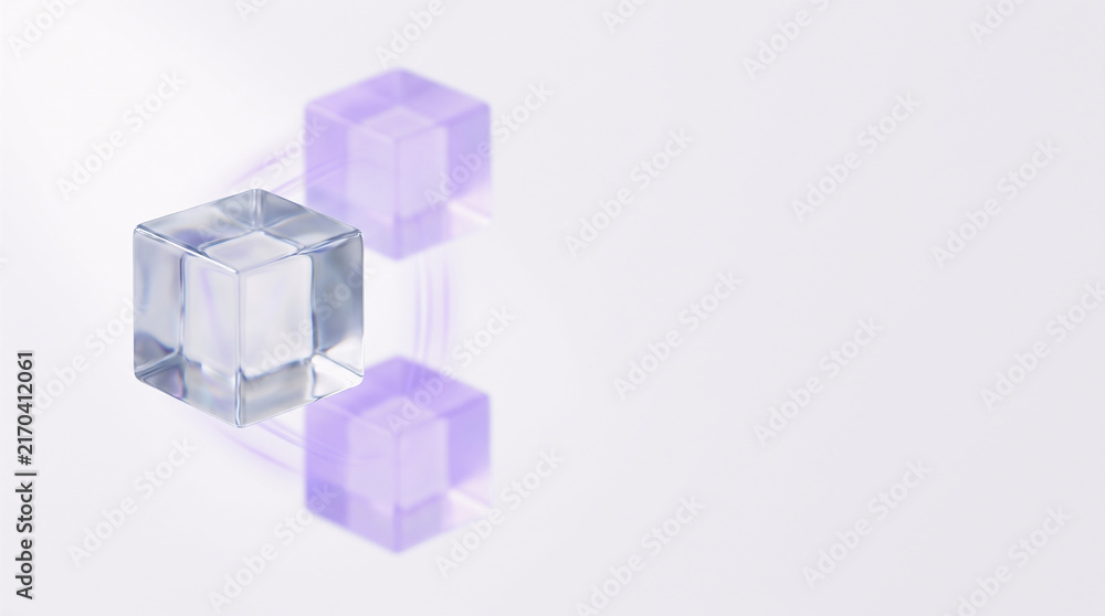 Naklejka premium 3D Translucent Glass Cube with Ghosted Parallel States and Violet Light Trails for Quantum Superposition Computing and Qubit Concept on White Background 