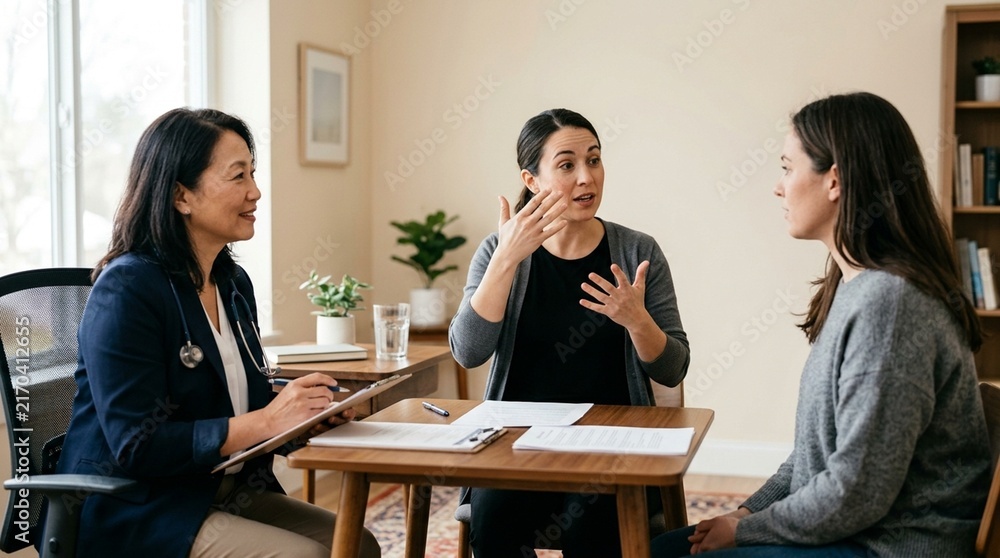 Fototapeta premium Sign language interpreter standing beside a physician during a bedside hospital consultation
