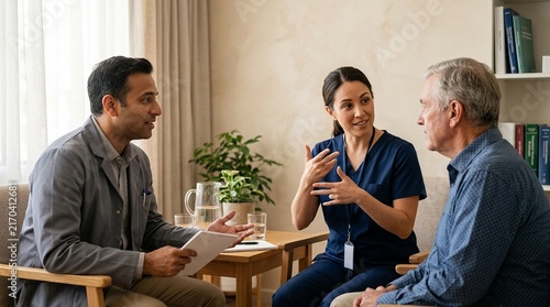 Sign language interpreter signing during a rheumatology consultation between a physician and patient