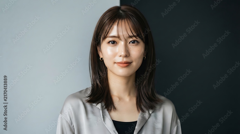 Obraz premium Young asian woman with natural makeup smiling against a two tone background