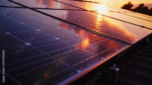 Close up of solar panels reflecting sunlight during sunset for renewable energy and green power