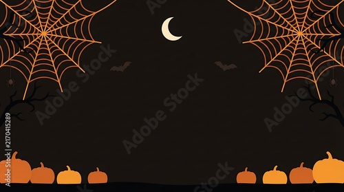 Halloween background with orange pumpkins and spider webs under a crescent moon in a dark night sky