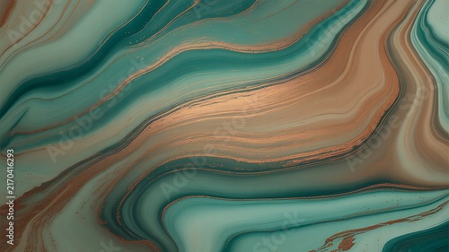 Swirling liquid marble texture featuring elegant teal blue colors combined with shimmering metallic gold wave patterns