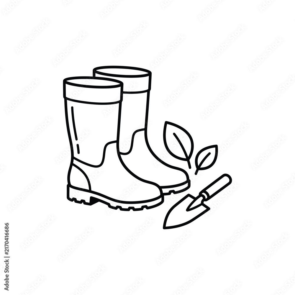 Fototapeta premium A simple black and white line art illustration of rubber boots and a small garden trowel. vector illustration