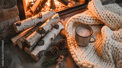 Steaming mug of hot cocoa sits near white chunky knit blanket and burning indoor fireplace logs