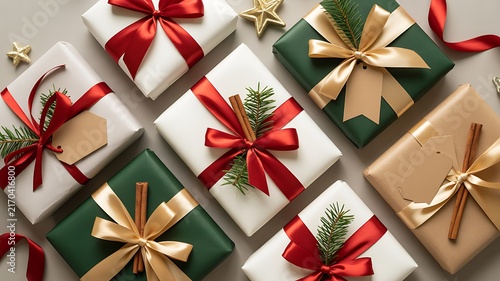 Wrapped christmas gift boxes decorated with satin ribbons and festive green pine branches on gray background