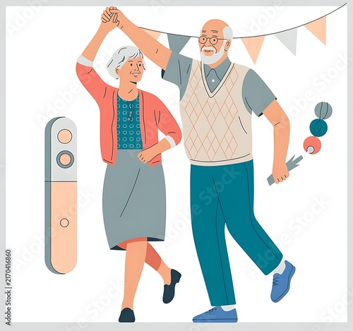 Happy senior couple dancing together at a festive celebration party illustration