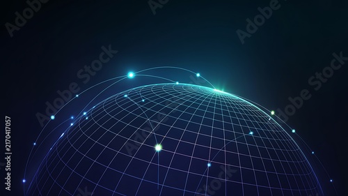 Glowing digital globe showing global network connectivity with bright light dots and intersecting neon blue lines